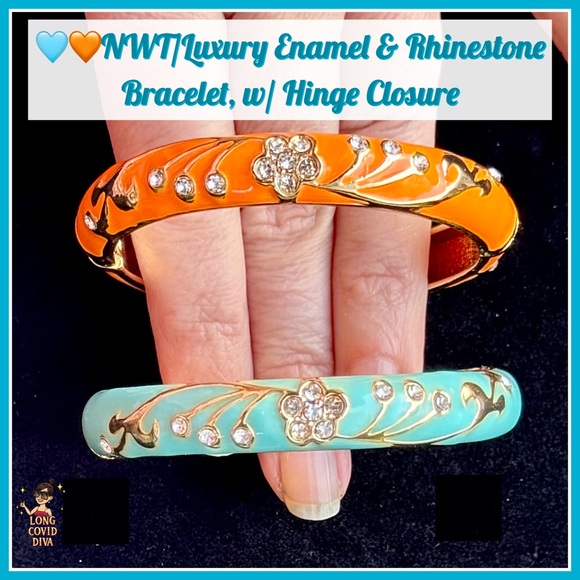 🩵🧡NWT/Luxury Enamel & Rhinestone Bracelet, Floral-Swirl Pattern, w/Hinge Closure - Picture 1 of 16